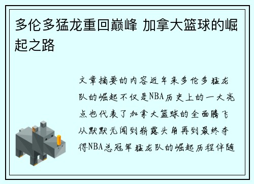 多伦多猛龙重回巅峰 加拿大篮球的崛起之路
